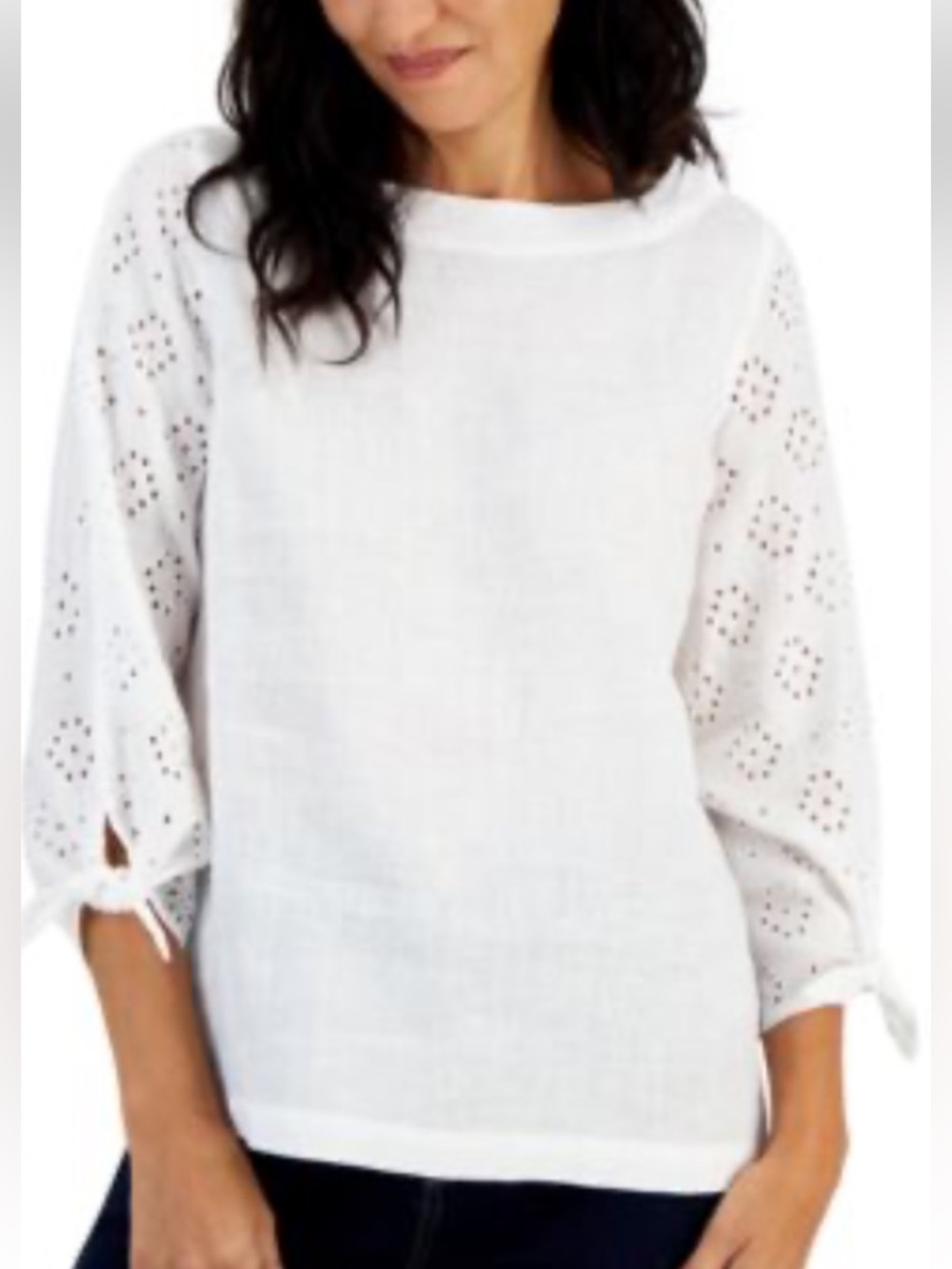 New 100% Linen Charter Club Luxury White Eyelet Tie-Sleeve Blouse Size XS - Picture 4 of 10